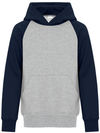 Am image of a Custom ATC Everyday Fleece Two Tone Hooded Youth Sweatshirt in Athletic Heather/Navy!