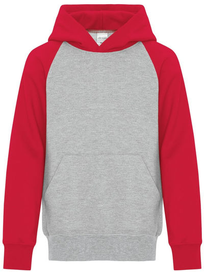 Am image of a Custom ATC Everyday Fleece Two Tone Hooded Youth Sweatshirt in Athletic Heather/Red!
