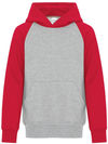 Am image of a Custom ATC Everyday Fleece Two Tone Hooded Youth Sweatshirt in Athletic Heather/Red!