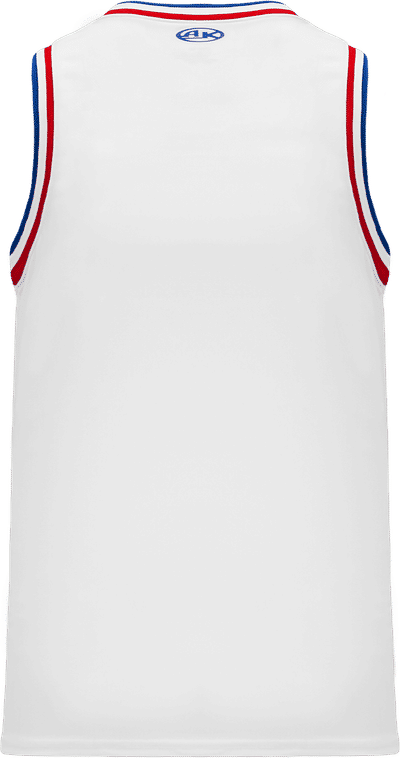 Am image of a Custom Athletic Knit Pro Striped Basketball Jerseys in White/Royal/Red!