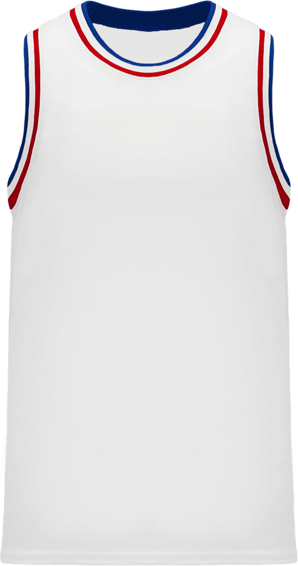 Am image of a Custom Athletic Knit Pro Striped Basketball Jerseys in White/Royal/Red!