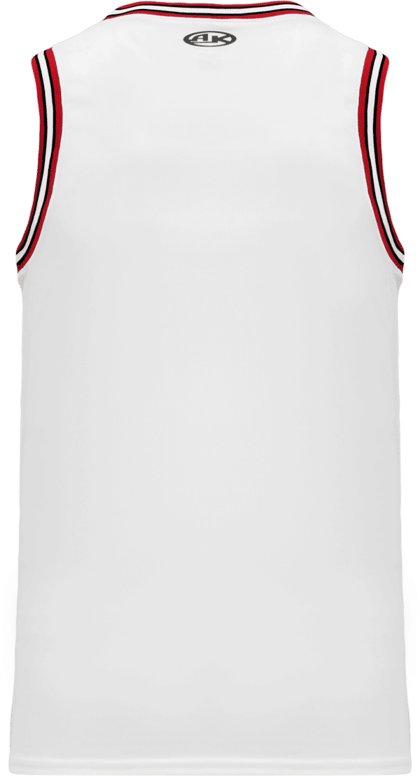Am image of a Custom Athletic Knit Pro Striped Basketball Jerseys in White/Red/Black!