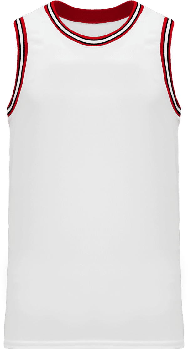 Am image of a Custom Athletic Knit Pro Striped Basketball Jerseys in White/Red/Black!
