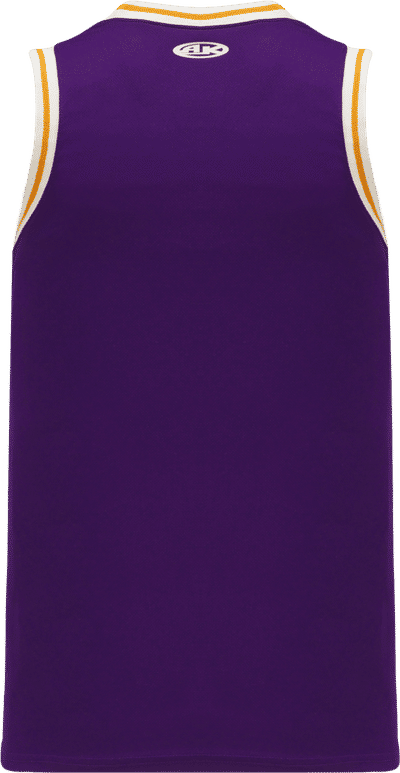 Am image of a Custom Athletic Knit Pro Striped Basketball Jerseys in Purple/White/Gold!