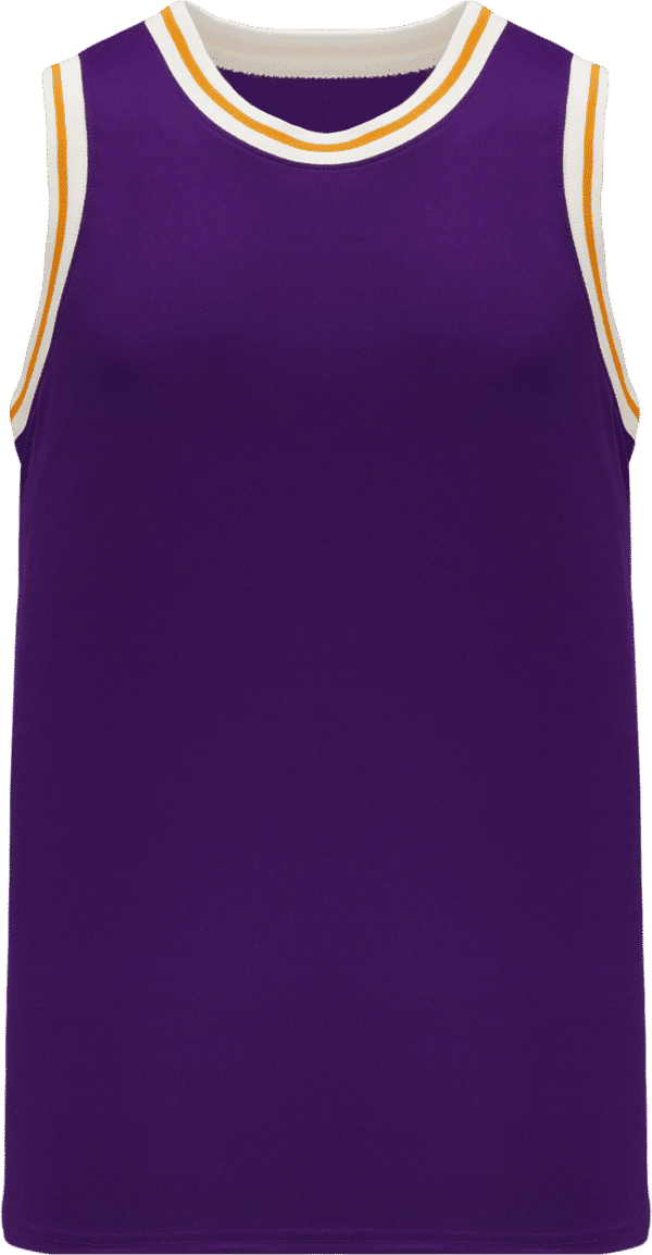 Am image of a Custom Athletic Knit Pro Striped Basketball Jerseys in Purple/White/Gold!