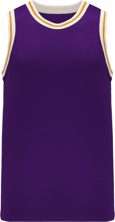 Am image of a Custom Athletic Knit Pro Striped Basketball Jerseys in Purple/White/Gold!