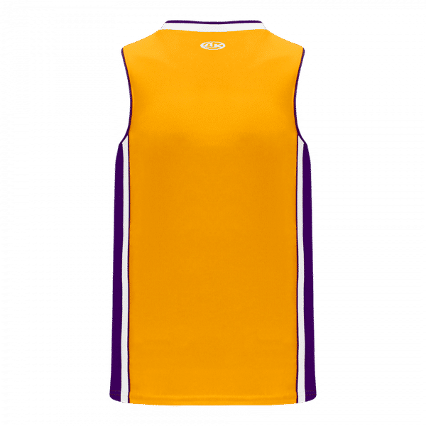Am image of a Custom Athletic Knit Youth Pro Basketball Jerseys in Gold/Purple/White!