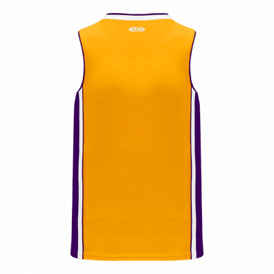 Am image of a Custom Athletic Knit Youth Pro Basketball Jerseys in Gold/Purple/White!