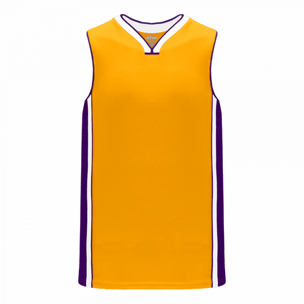 Am image of a Custom Athletic Knit Youth Pro Basketball Jerseys in Gold/Purple/White!