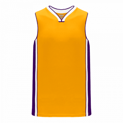 Am image of a Custom Athletic Knit Youth Pro Basketball Jerseys in Gold/Purple/White!