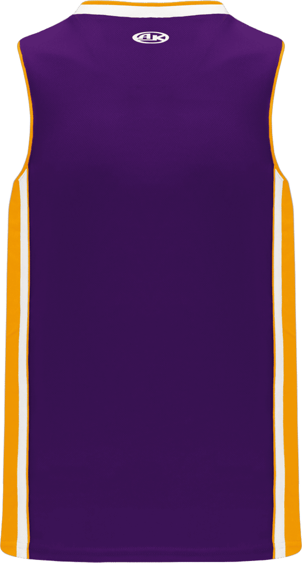 Am image of a Custom Athletic Knit Pro Basketball Jerseys in Purple/Gold/White!