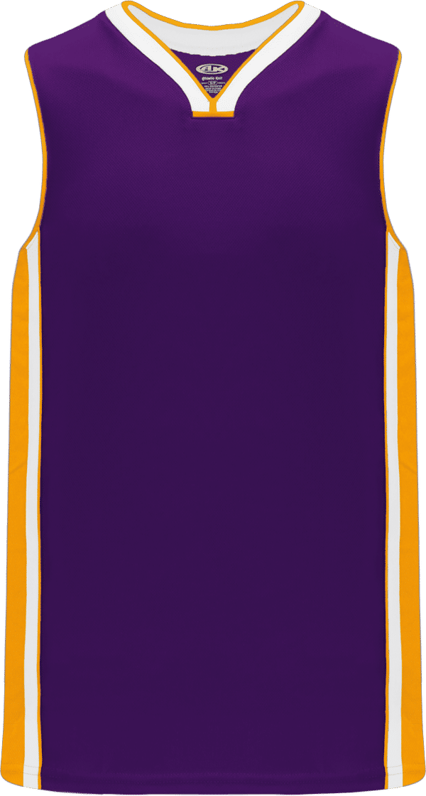 Am image of a Custom Athletic Knit Pro Basketball Jerseys in Purple/Gold/White!