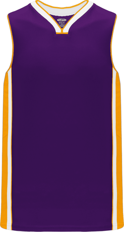Am image of a Custom Athletic Knit Pro Basketball Jerseys in Purple/Gold/White!