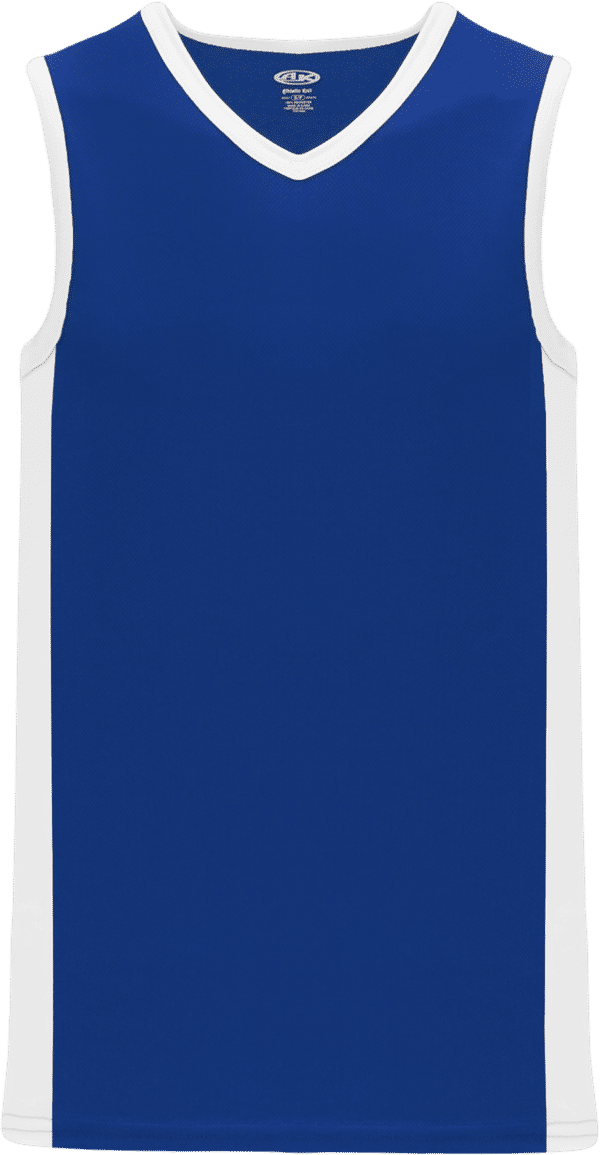 Am image of a Custom Athletic Knit Pro Basketball Jerseys Full Side Stripe in Royal/White!