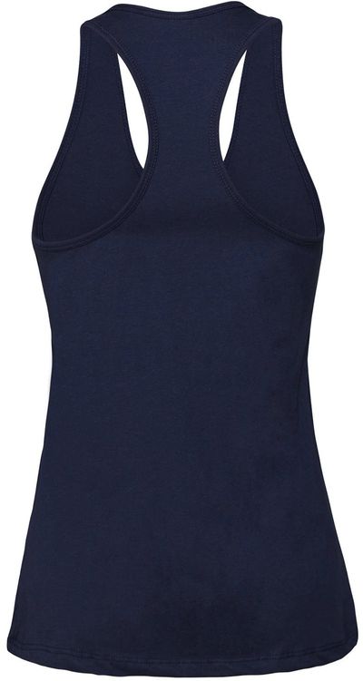 Am image of a Custom Bella and Canvas Ladies Jersey Racerback Tank in Navy!