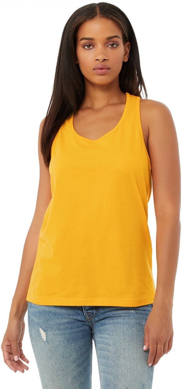 Am image of a Custom Bella and Canvas Ladies Jersey Racerback Tank in Gold!