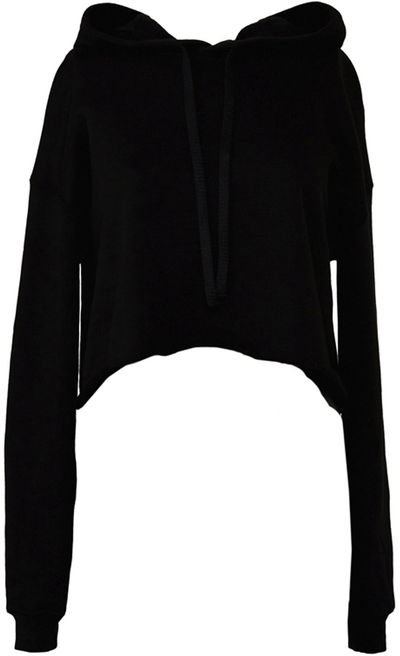 Am image of a Custom Bella and Canvas Women's Cropped Fleece Hoodie in Black!