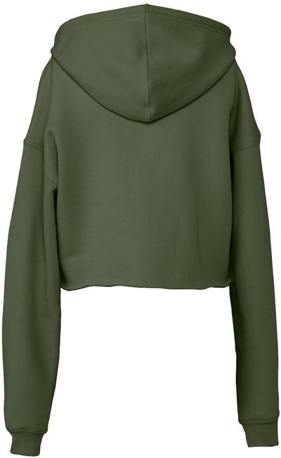 Am image of a Custom Bella and Canvas Women's Cropped Fleece Hoodie in Military Green!