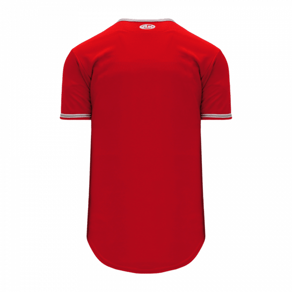 Am image of a Custom Athletic Knit Full Button Baseball Jerseys in Red/White/Grey!