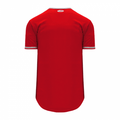 Am image of a Custom Athletic Knit Full Button Baseball Jerseys in Red/White/Grey!