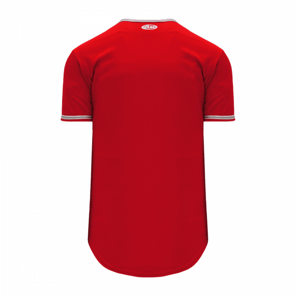 Am image of a Custom Athletic Knit Youth Full Button Baseball Jerseys in Red/White/Grey!