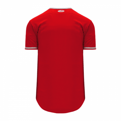 Am image of a Custom Athletic Knit Youth Full Button Baseball Jerseys in Red/White/Grey!