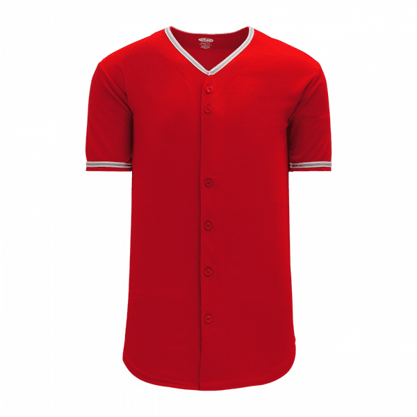 Am image of a Custom Athletic Knit Full Button Baseball Jerseys in Red/White/Grey!