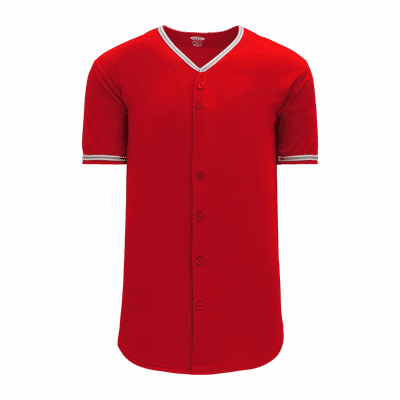 Am image of a Custom Athletic Knit Full Button Baseball Jerseys in Red/White/Grey!