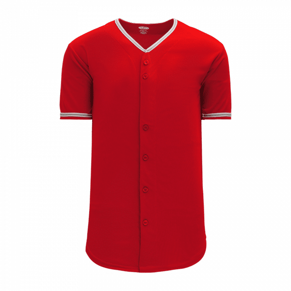 Am image of a Custom Athletic Knit Youth Full Button Baseball Jerseys in Red/White/Grey!