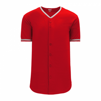Am image of a Custom Athletic Knit Youth Full Button Baseball Jerseys in Red/White/Grey!