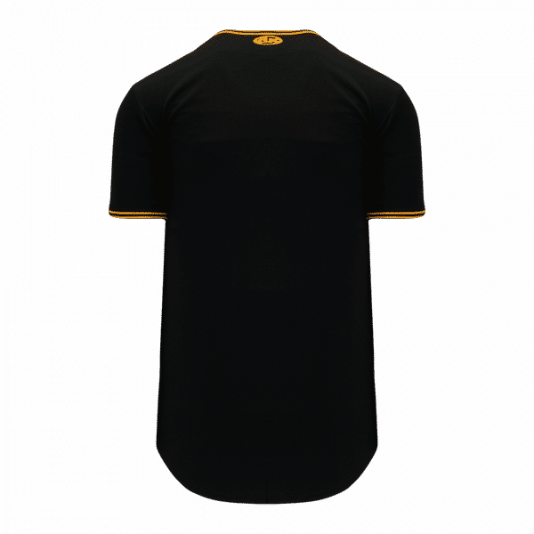 Am image of a Custom Athletic Knit Full Button Baseball Jerseys in Black/Gold!