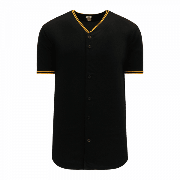 Am image of a Custom Athletic Knit Full Button Baseball Jerseys in Black/Gold!