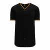 Am image of a Custom Athletic Knit Full Button Baseball Jerseys in Black/Gold!