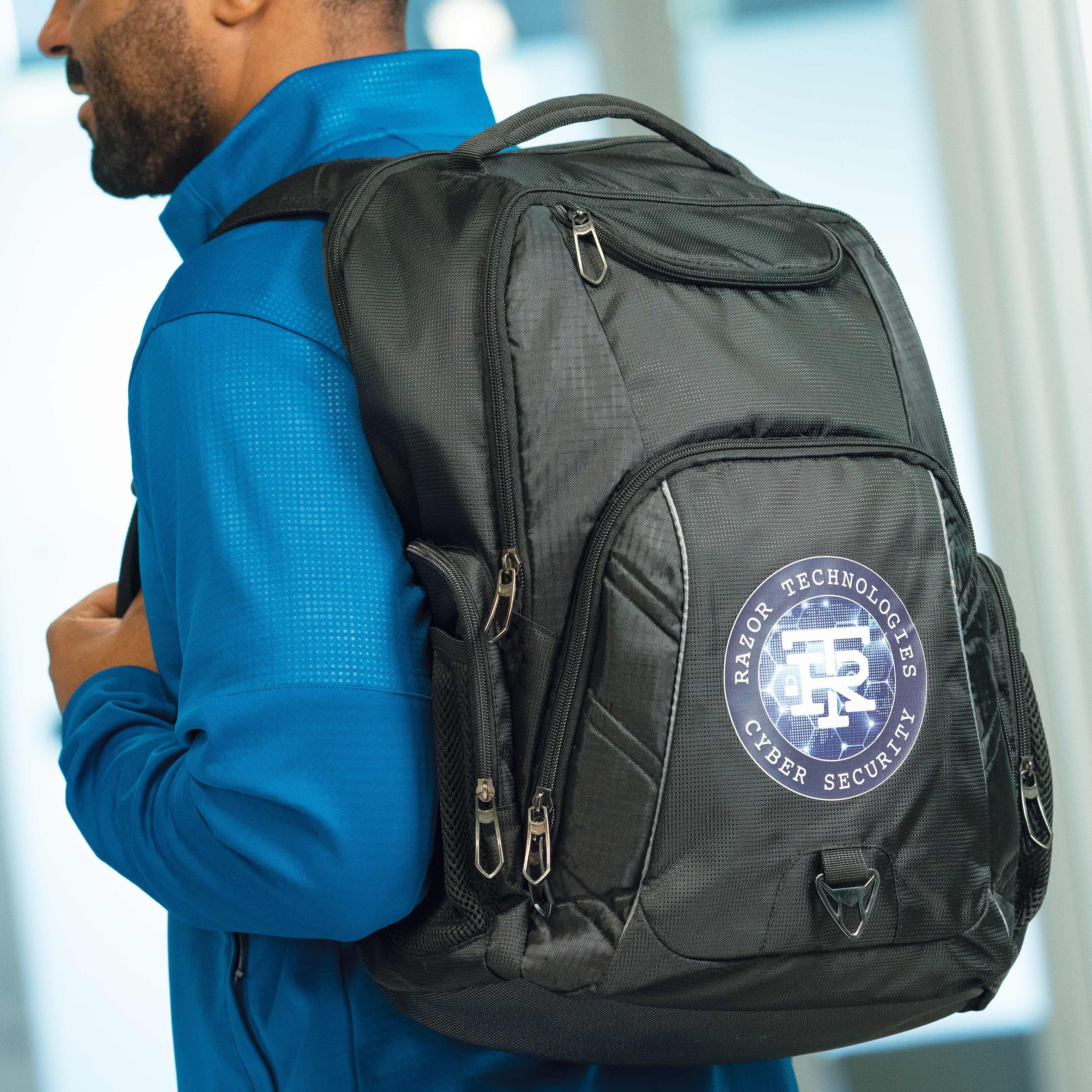 An image of a custom backpack that was decorated using direct film transfer.