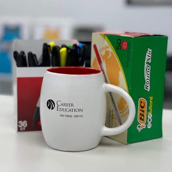 Career education mug printed with a screen print.