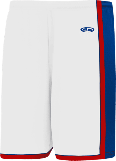 Am image of a Custom Athletic Knit Pro Basketball Shorts in White/Royal/Red!