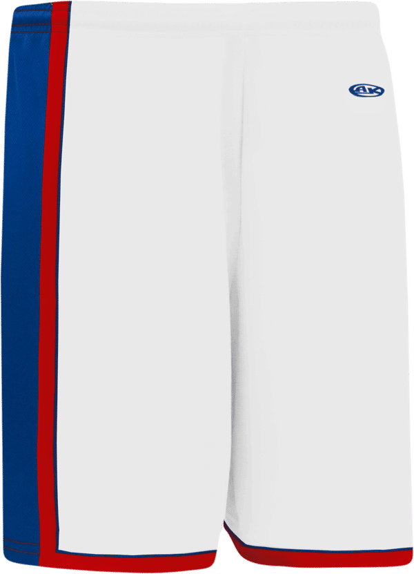 Am image of a Custom Athletic Knit Pro Basketball Shorts in White/Royal/Red!