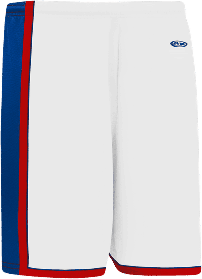 Am image of a Custom Athletic Knit Pro Basketball Shorts in White/Royal/Red!