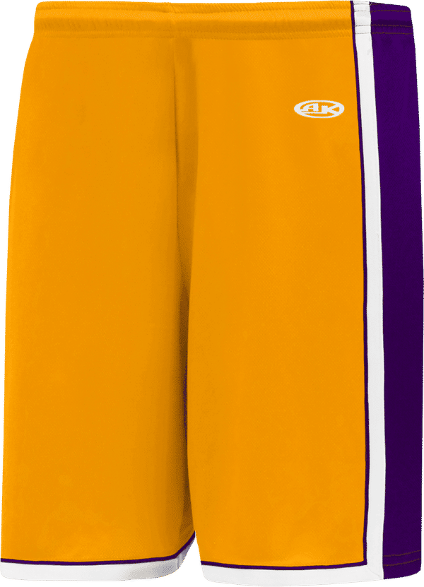 Am image of a Custom Athletic Knit Pro Basketball Shorts in Gold/Purple/White!