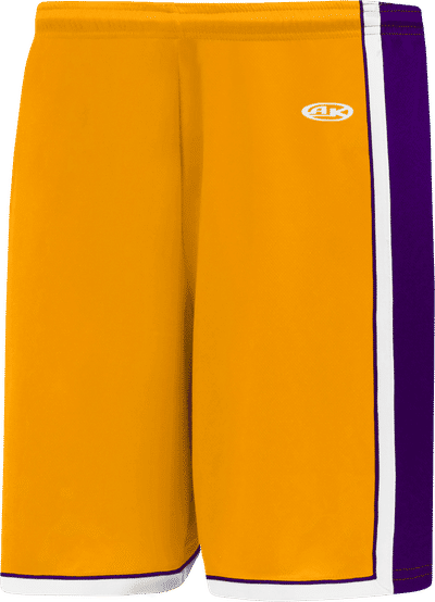 Am image of a Custom Athletic Knit Pro Basketball Shorts in Gold/Purple/White!