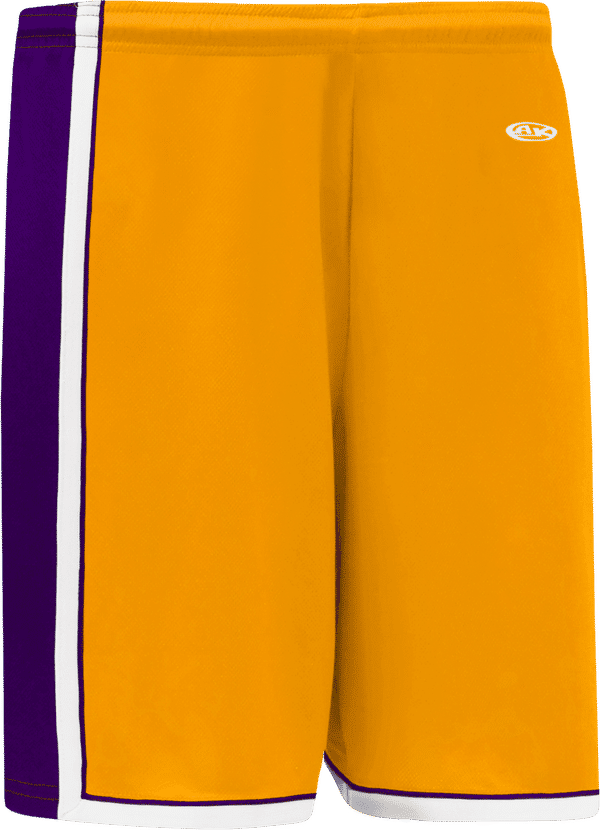Am image of a Custom Athletic Knit Pro Basketball Shorts in Gold/Purple/White!
