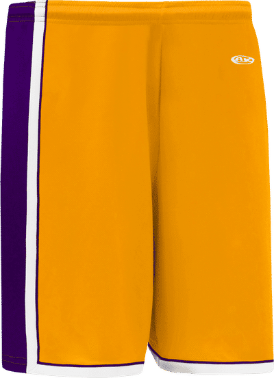 Am image of a Custom Athletic Knit Pro Basketball Shorts in Gold/Purple/White!