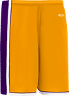 Am image of a Custom Athletic Knit Pro Basketball Shorts in Gold/Purple/White!
