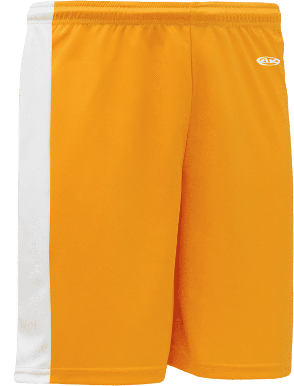 Am image of a Custom Athletic Knit Pro Basketball Shorts Solid Side Stripe in Gold/White!