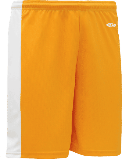 Am image of a Custom Athletic Knit Pro Basketball Shorts Solid Side Stripe in Gold/White!