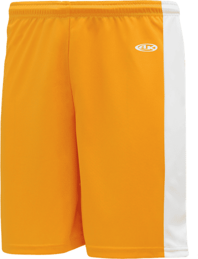 Am image of a Custom Athletic Knit Pro Basketball Shorts Solid Side Stripe in Gold/White!