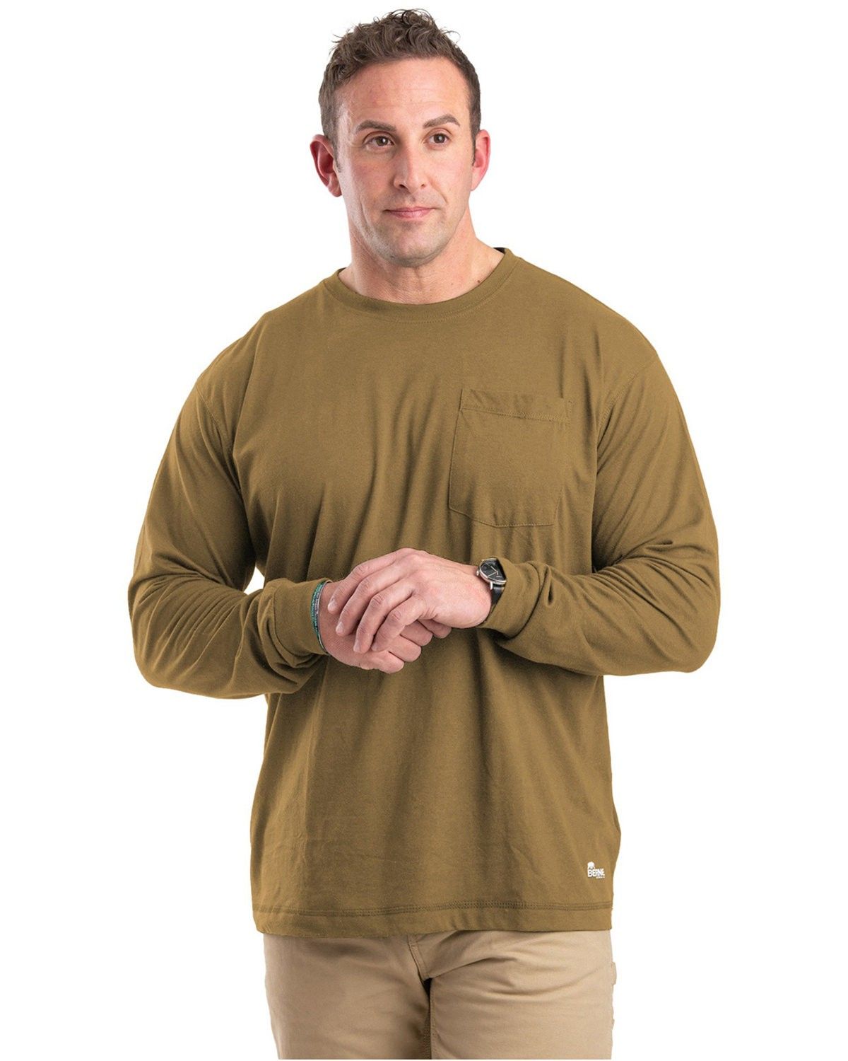 Berne Unisex Performance Long Sleeve Pocket T Shirt in Brown