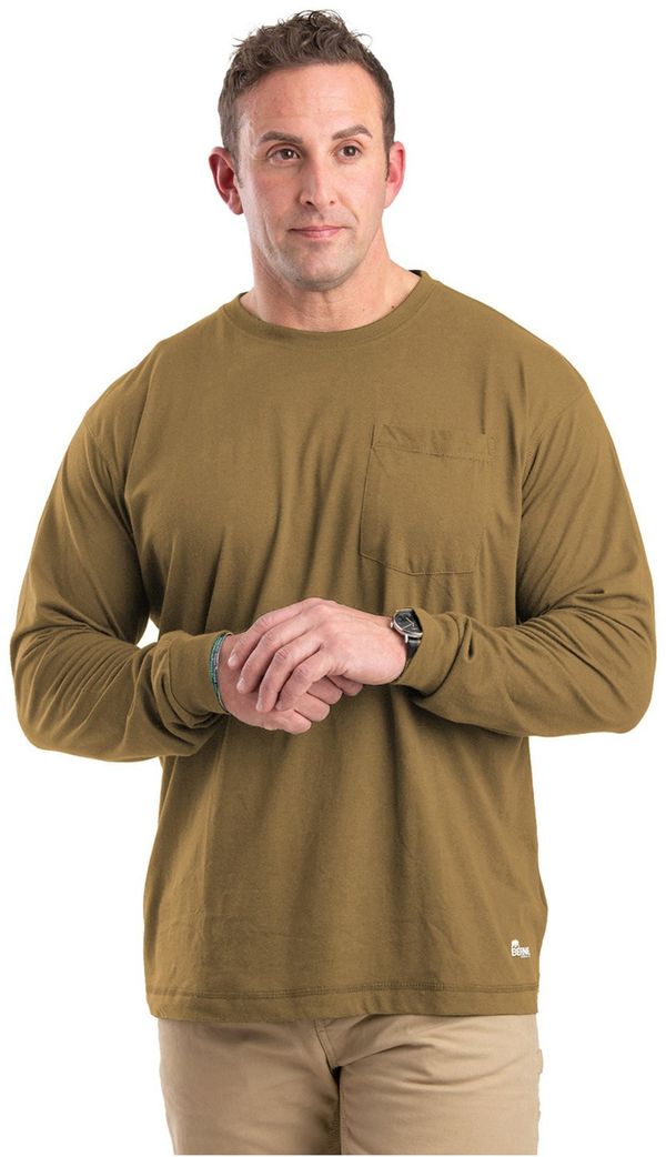 Am image of a Custom Berne Unisex Performance Long Sleeve Pocket T Shirt in Brown!