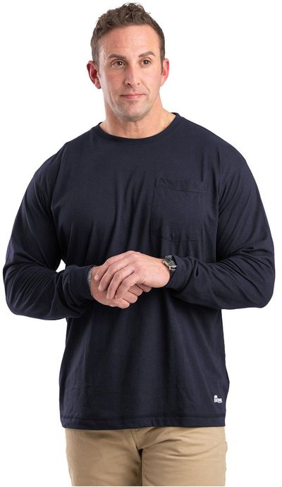 Am image of a Custom Berne Unisex Performance Long Sleeve Pocket T Shirt in Navy!