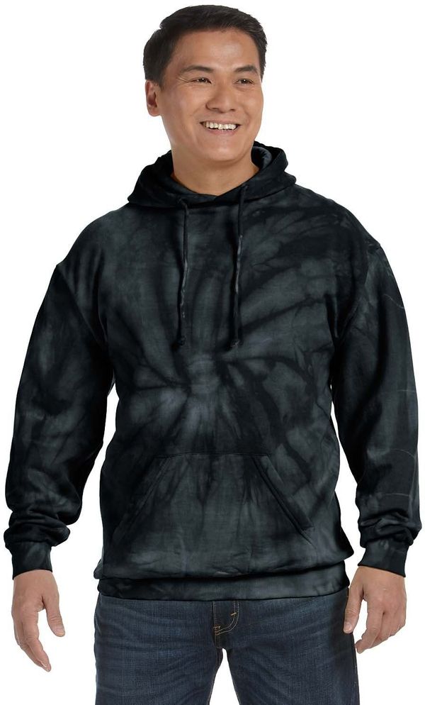 Am image of a Custom Tie Dye Adult Pullover Hooded Sweatshirt in Spider Black!